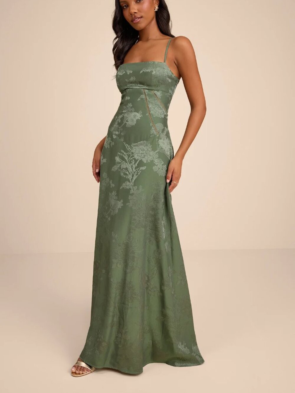 Olive Green Floral Jacquard Slip Dress - Brand